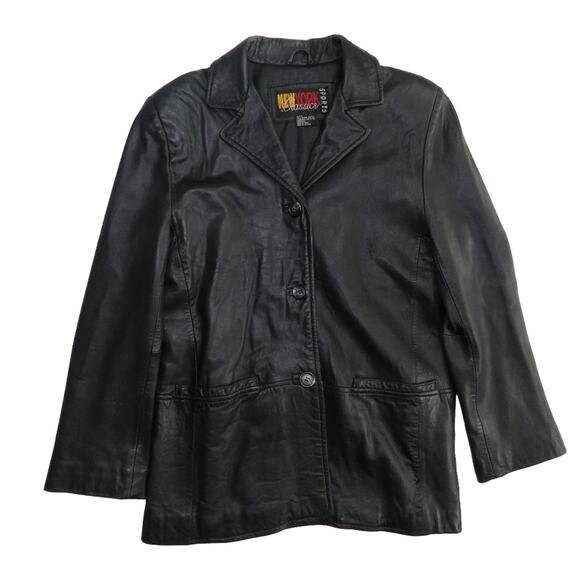 Vintage Jackets & Blazers - 90s Vintage Women's New York Classics Black Vintage Leather Jacket Medium Biker